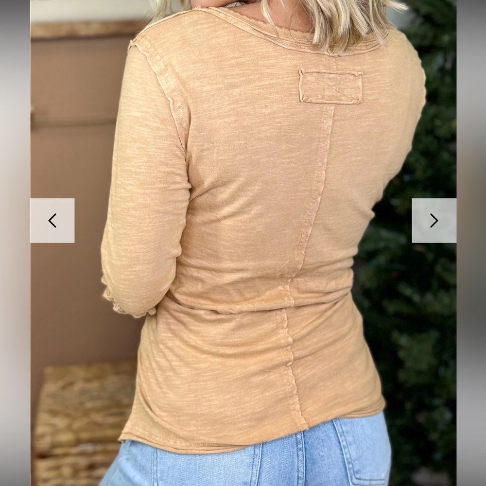 Easel Henley Long Sleeve Top Size Small Camel Color Scooped Neckline Relaxed Fit - Picture 3 of 13